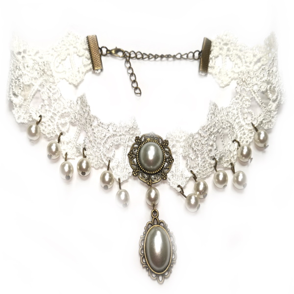 Choker Spitzenkette Perlen Anhänger Gothic Victorian Weiß