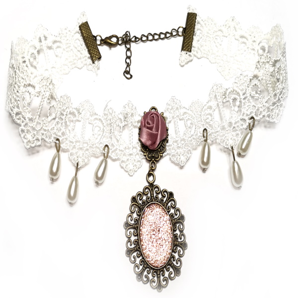 Choker Spitzenkette rosa Cabochon Anhänger Gothic Victorian Weiß
