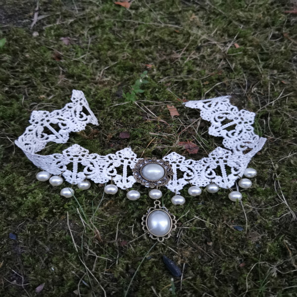 Choker Spitzenkette Perlen Anhänger Gothic Victorian Weiß